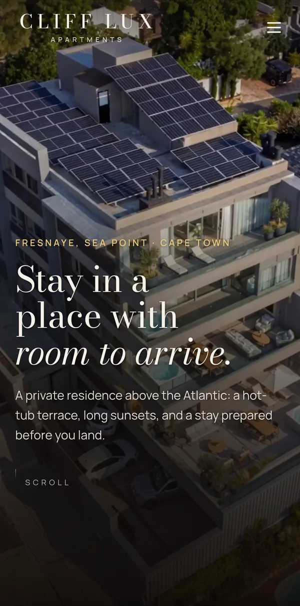 Cliff Lux home page, “Stay in a place with room to arrive.” on iPhone