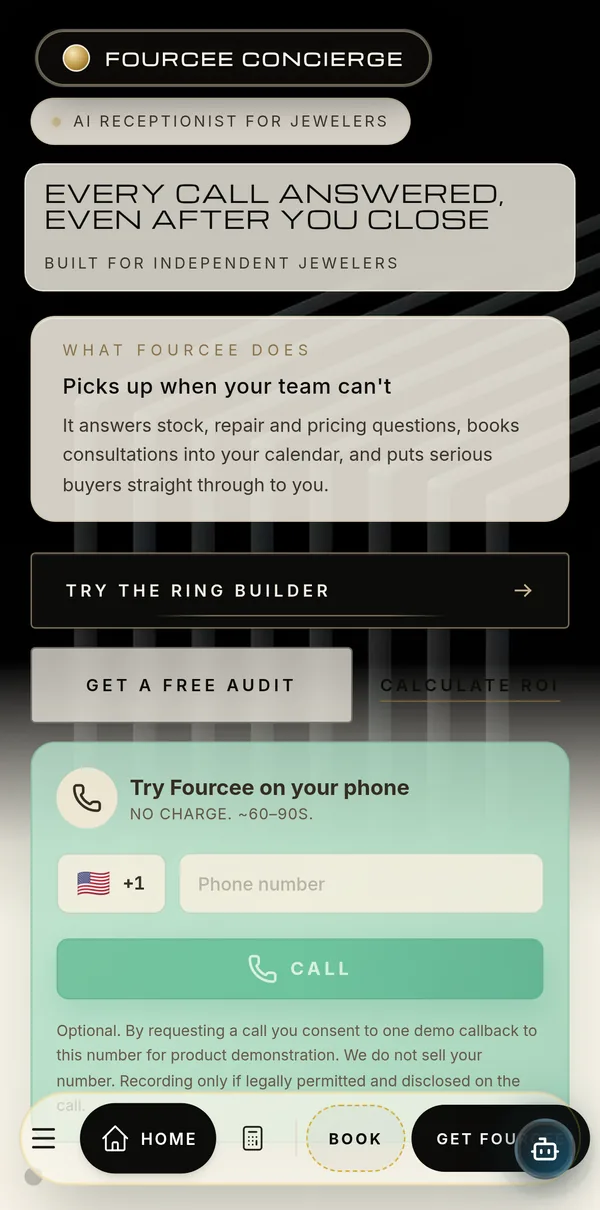 Fourcee home page with the 3D ring on iPhone