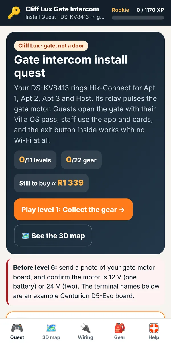 Cliff Lux gate intercom install quest on iPhone