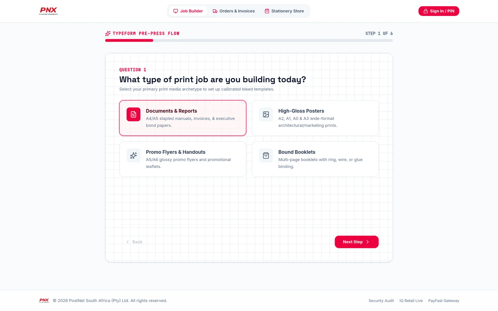 PNX print job builder, job type step