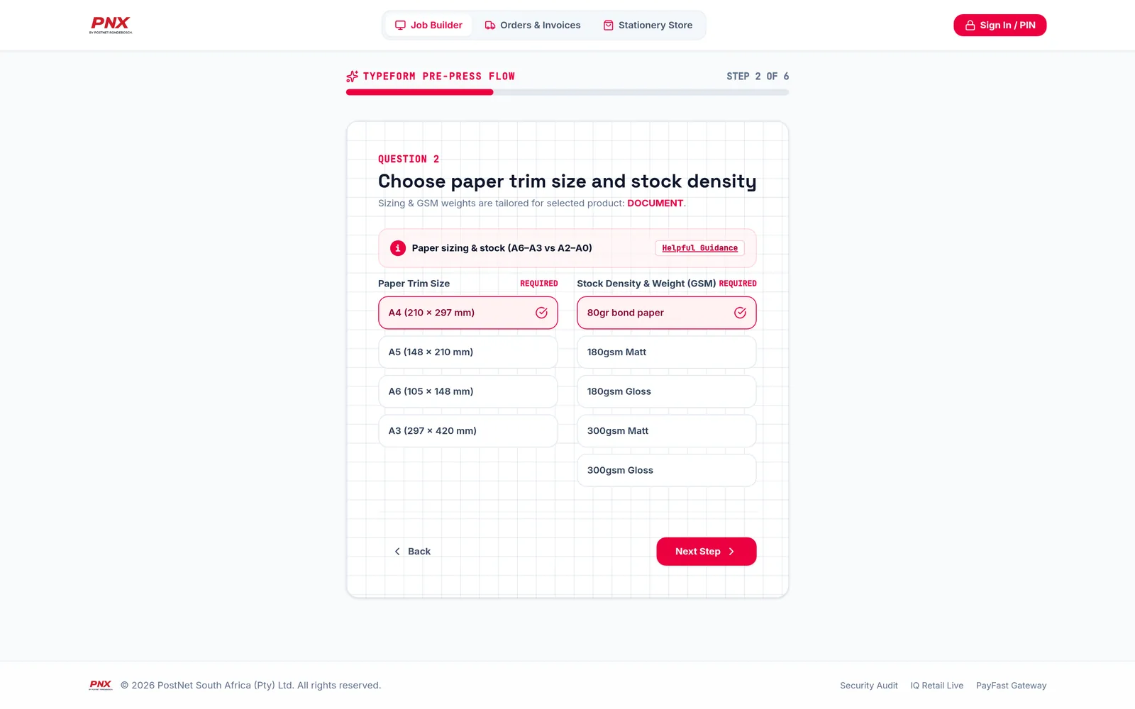 PNX print job builder, paper size and stock step